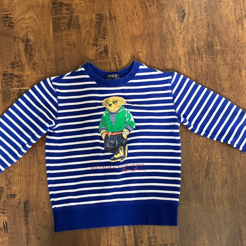 Polo by Ralph Lauren Kids Blue and White Striped Sweatshirt with bear size 8